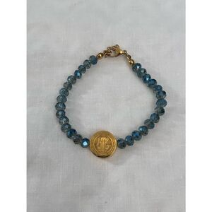 Blue Faceted Glass Bead Gold Tone St Benedict Medallion Charm Boho Bracelet